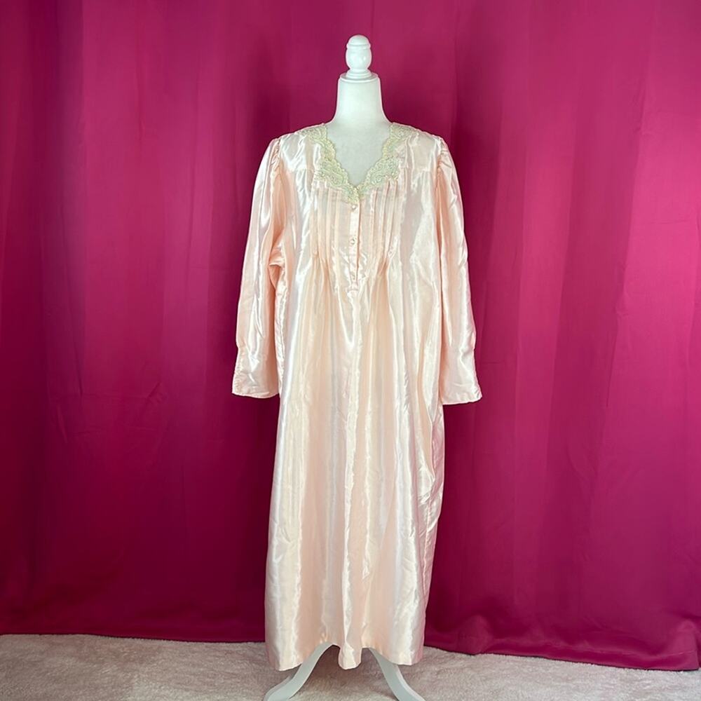 Vintage Aria long sleeved lace, pearl, and pink satin nightgown, size L